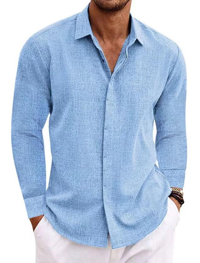 Men's Linen Solid Color Casual Loose Daily Hawaiian Long Sleeve Shirt