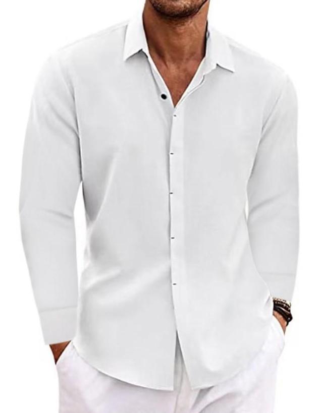 Men's Linen Solid Color Casual Loose Daily Hawaiian Long Sleeve Shirt