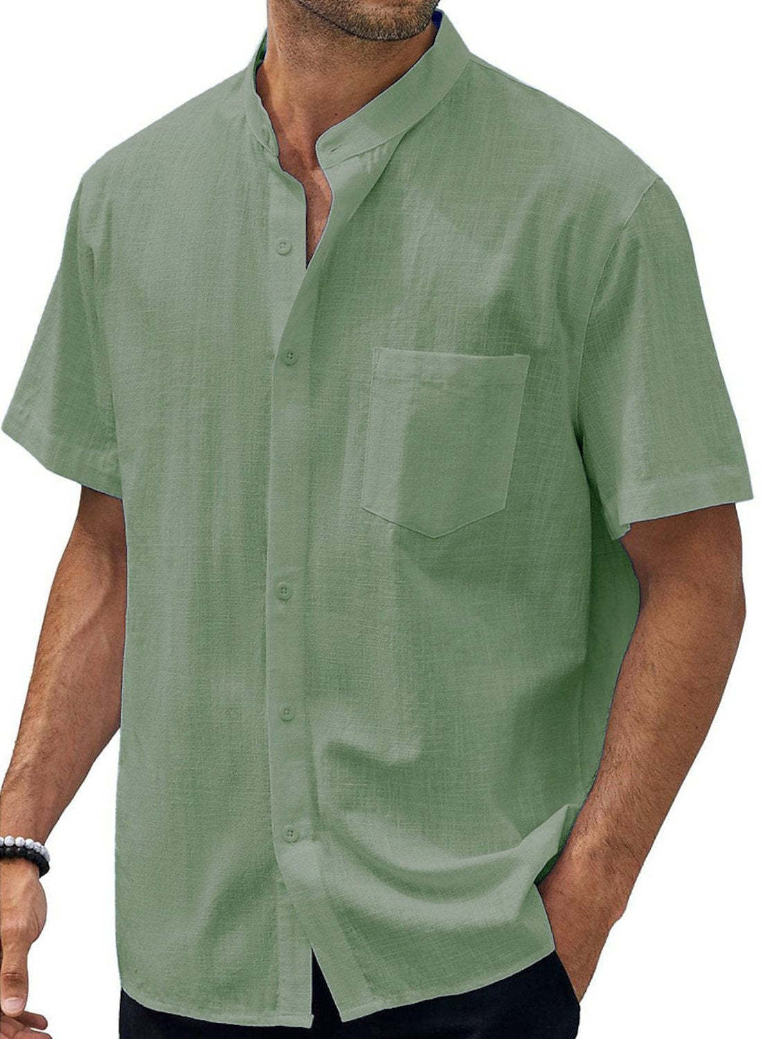 Men's Solid Color Stand Collar Pocket Cotton Linen Casual Short Sleeve Shirt