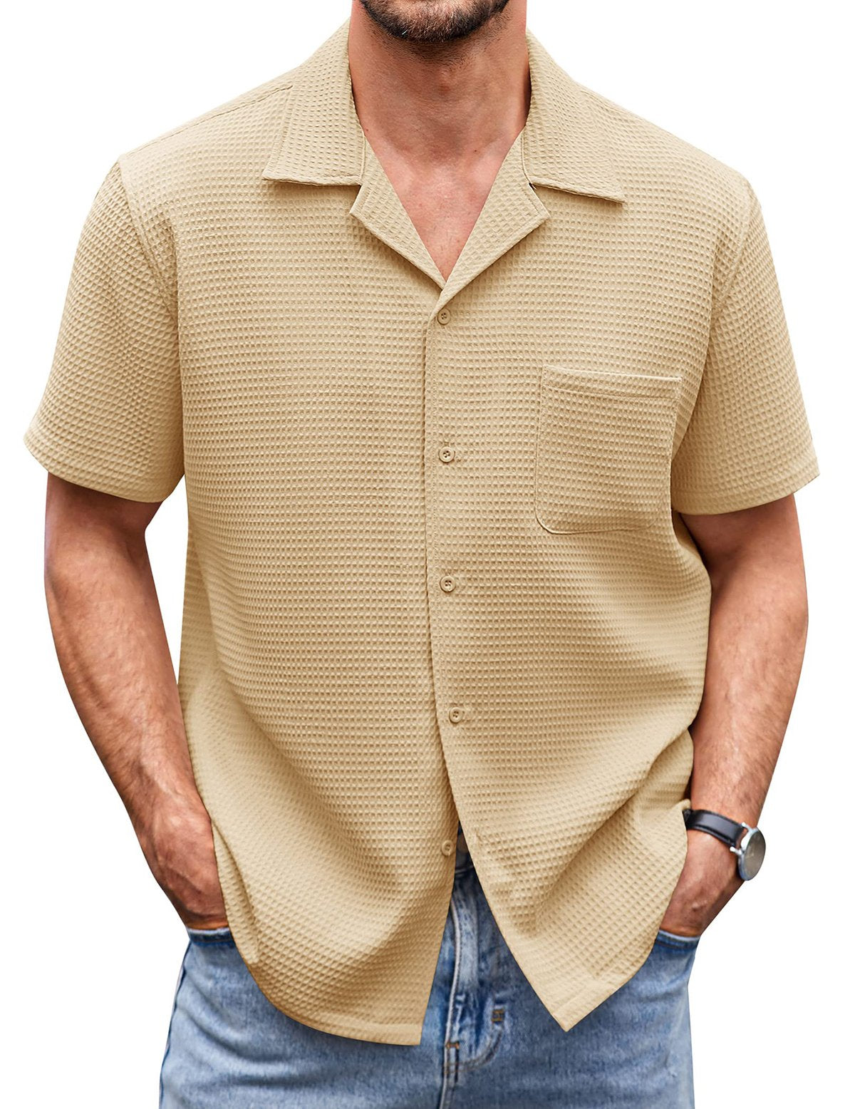 Men's Cuban Collar Pocket Waffle Weave Fabric Casual Comfort Daily Shirt