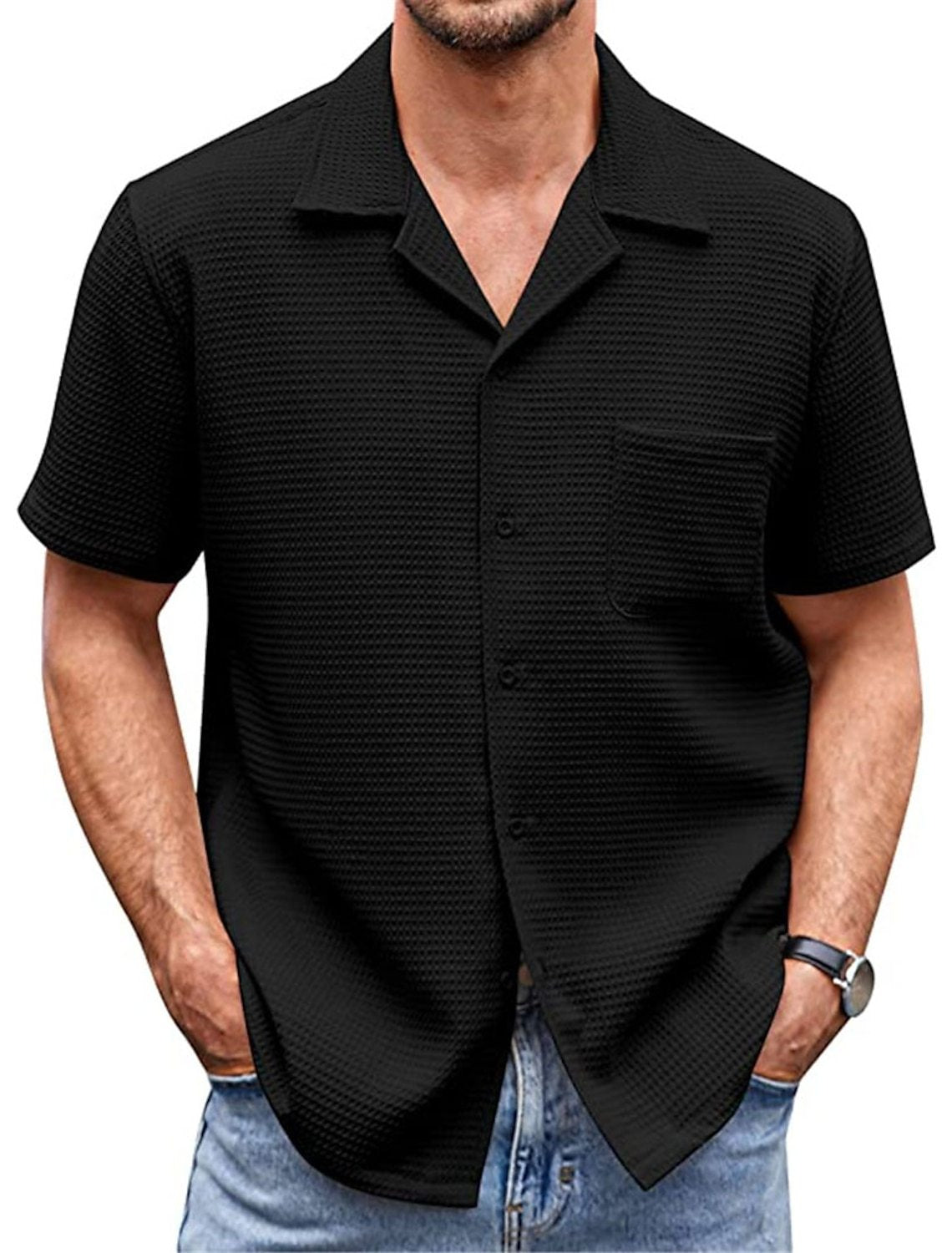 Men's Cuban Collar Pocket Waffle Weave Fabric Casual Comfort Daily Shirt