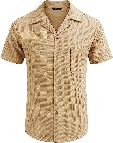 Men's Cuban Collar Pocket Waffle Weave Fabric Casual Comfort Daily Shirt