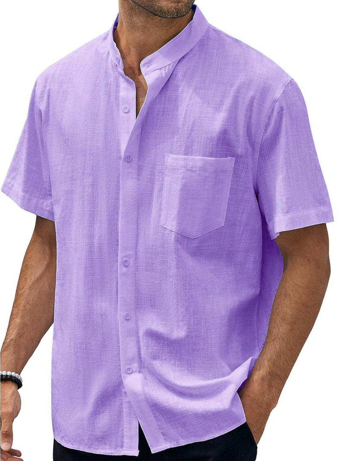 Men's Solid Color Stand Collar Pocket Cotton Linen Casual Short Sleeve Shirt