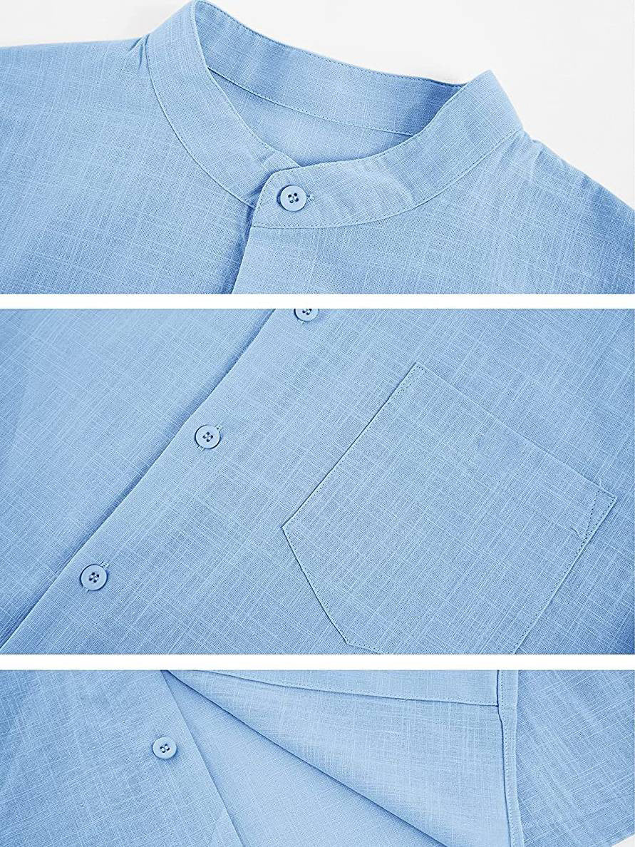 Men's Solid Color Stand Collar Pocket Cotton Linen Casual Short Sleeve Shirt