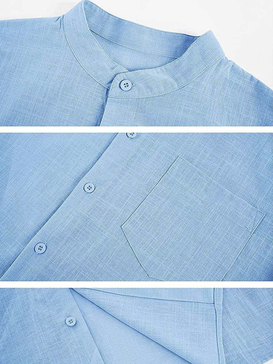 Men's Solid Color Stand Collar Pocket Cotton Linen Casual Short Sleeve Shirt