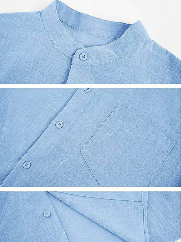 Men's Solid Color Stand Collar Pocket Cotton Linen Casual Short Sleeve Shirt