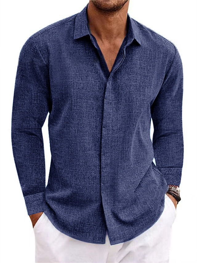 Men's Linen Solid Color Casual Loose Daily Hawaiian Long Sleeve Shirt