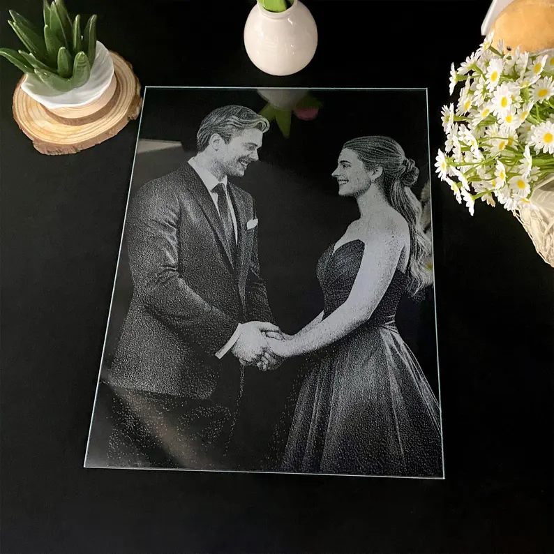 Custom Photo on Glass, Couple Portrait from Photo, Wedding Anniversary Gift for Wife, Personalized Gift For Her, Home Art Decor