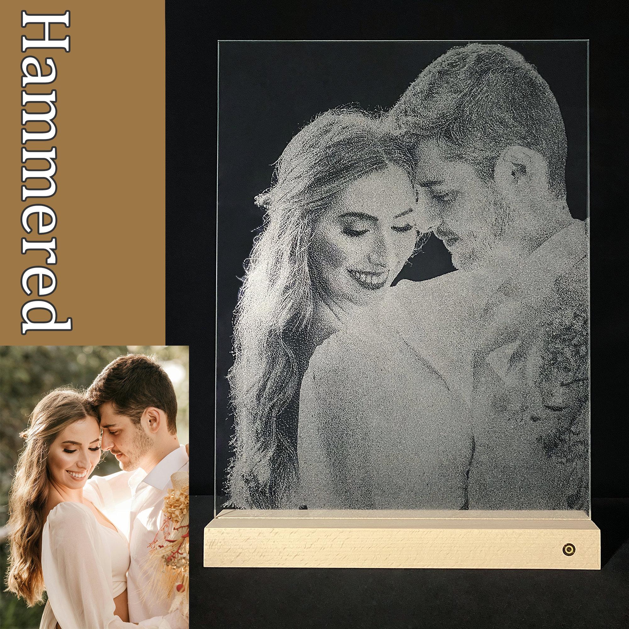 Wedding Photo in Glass, Hammered Glass Art, Custom Portrait LED Night Light, Handmade Gift for Couples, Family Photo Gift, Pet Loss Gift