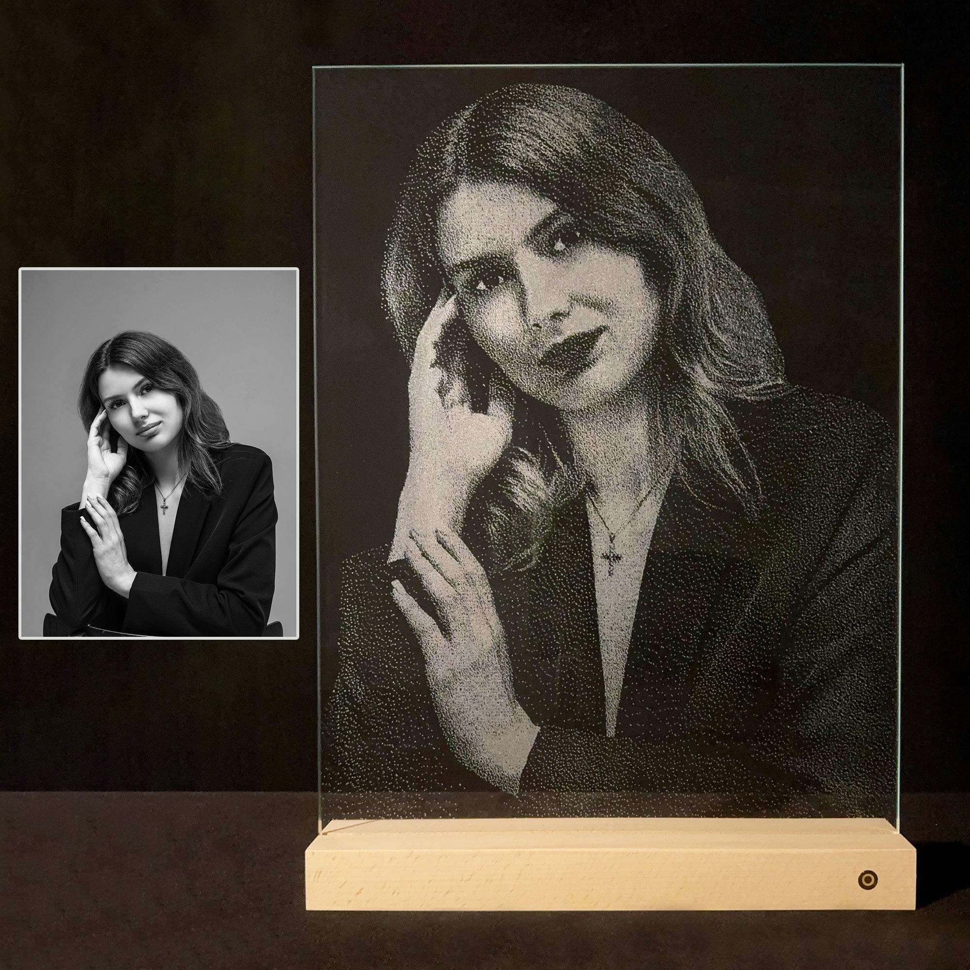 Personalized Photo Engraved Glass Portrait: Graduation Keepsake LED Light