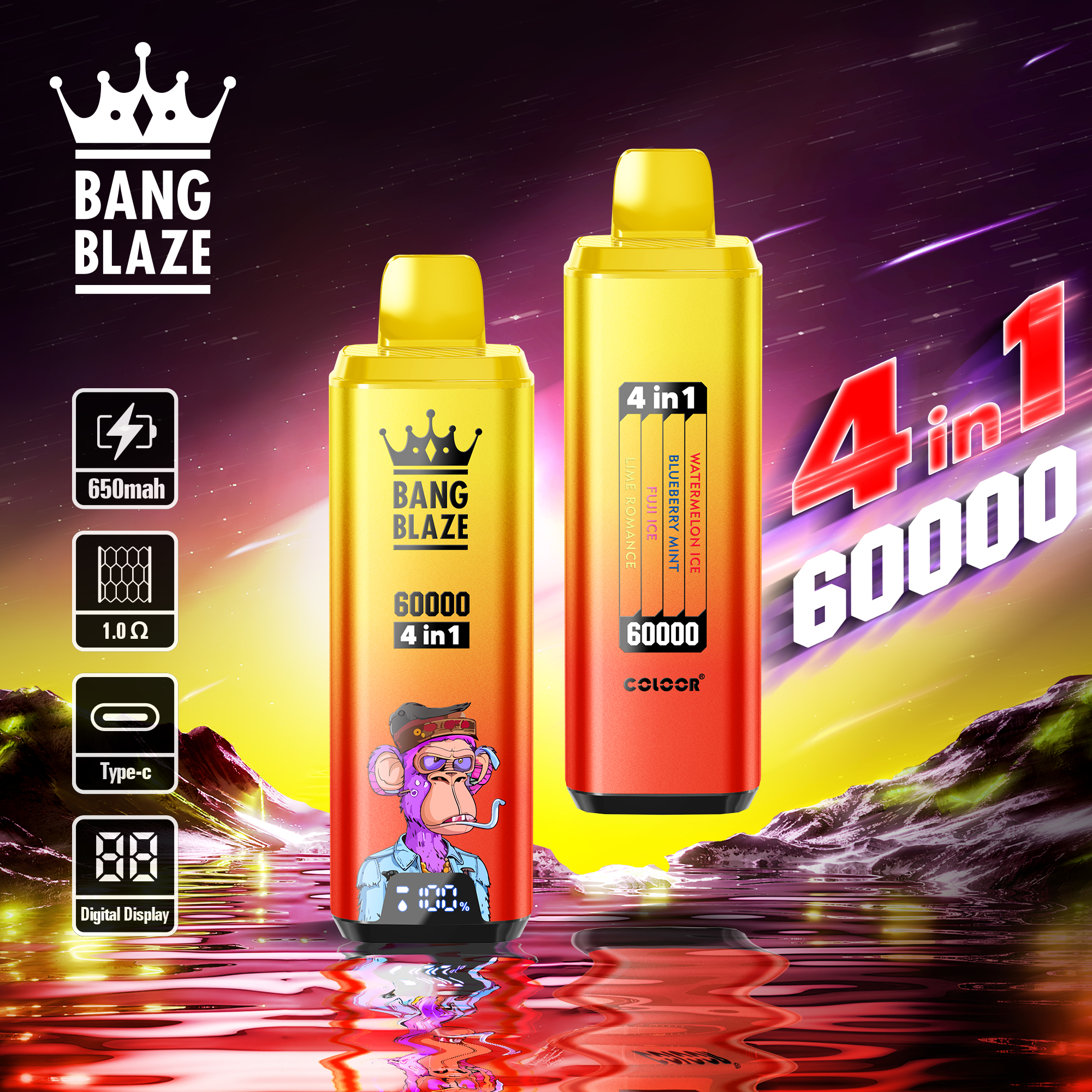 Bang Blaze 60000 60k Puffs 4 in 1 Flavors LED Display Disposable Vape EU Warehouse(10 pcs)
