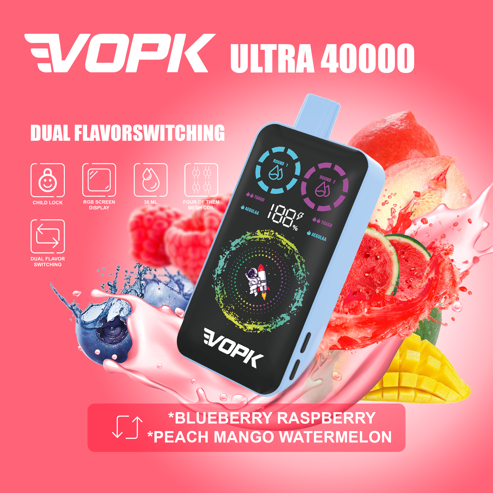 VOPK ULTRA 40000 Puffs 40K Rechargeable Smart Screen Disposable Vapes