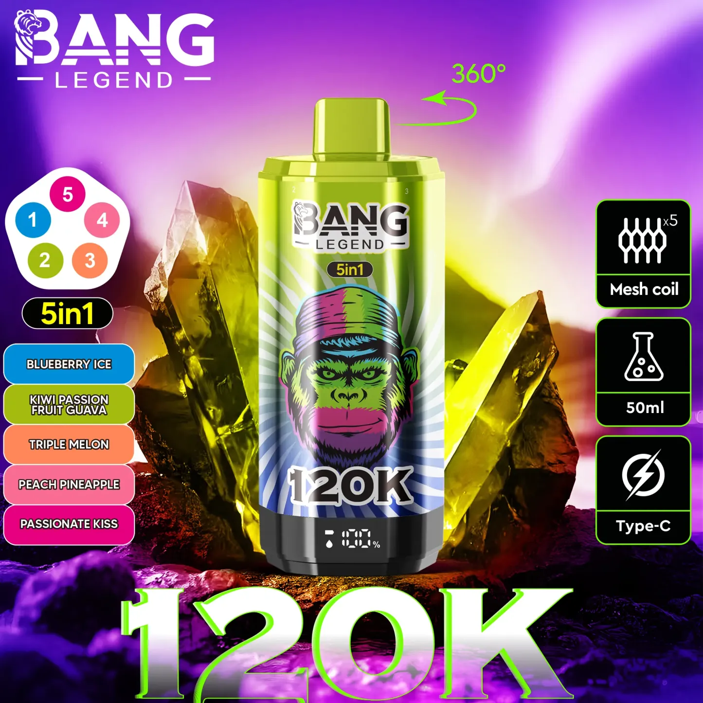 Bang Legend 120000 120k Puffs 5 In 1 Flavors Newest Original Rechargeable Lcd Display Disposable Vape