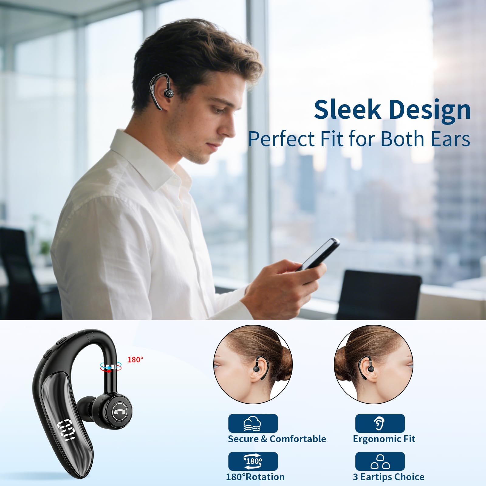 Bluetooth Headset V5.4, 23H Talk Time Wireless Headphone Cell Phone Earpiece with LED Display, Handsfree Business Earbud with Mic for Driving Trucker Office Business Work Rotatable Fit Left/Right Ear