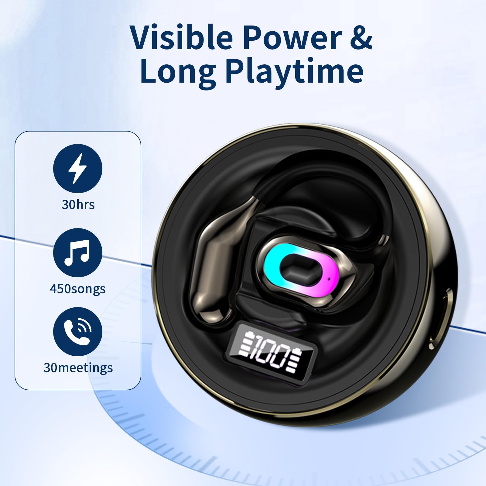 Open Ear Headphones Bluetooth 5.4, Wireless Earbuds with LED Display, 14.2mm Deep Bass Driver, Clear Calls, 30H Playtime Earhooks for Running Sport Gym, Sweat-Resistant,Black