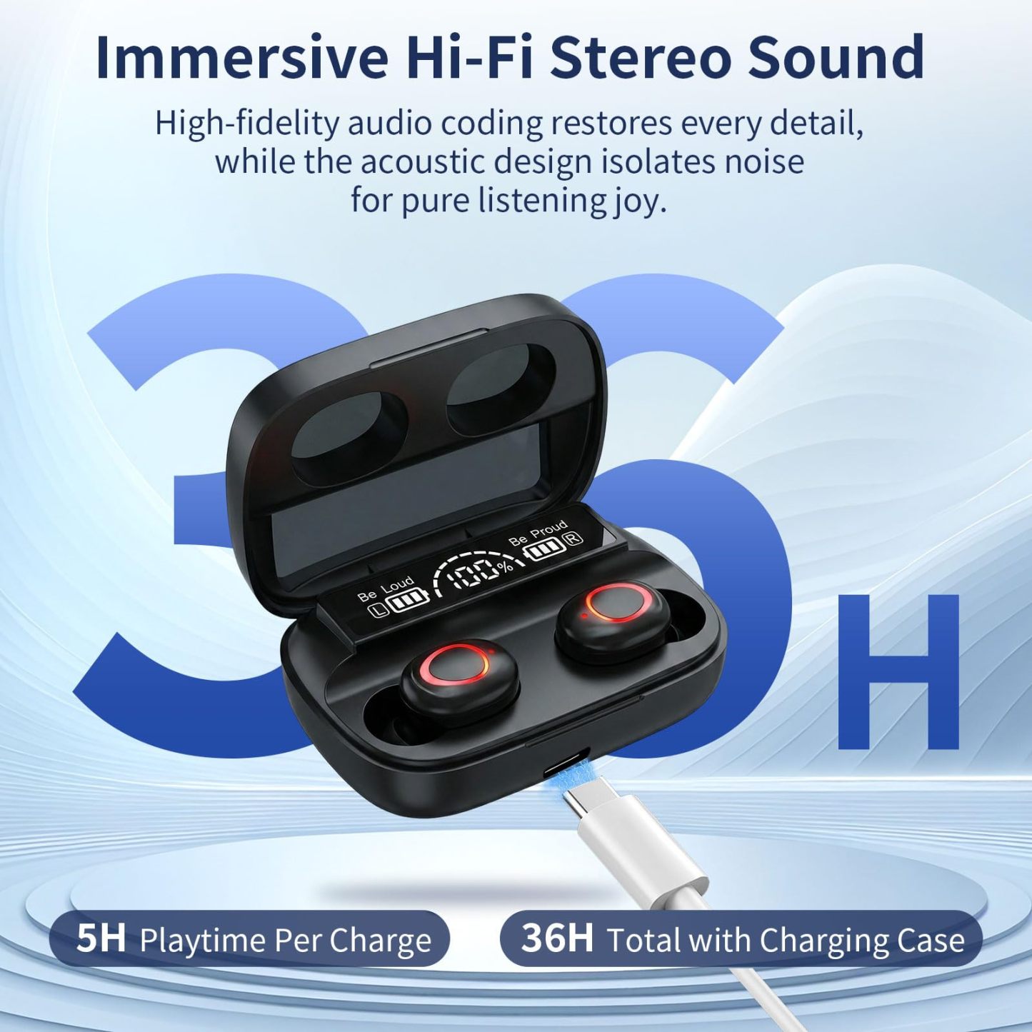 Wireless Earbuds, Bluetooth Headphones, Matte Black Finish for 36H Playtime, Clear Call with Mic, Sweat Resistant, Small in-Ear Earphones for iPhone Android Laptop Gym Work,Black