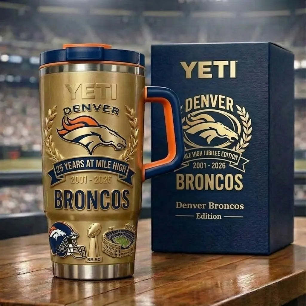 Limited Edition: Denver Broncos "25 Years at Mile High" Gold Yeti Tumbler (2001-2026)
