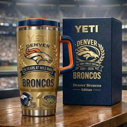Limited Edition: Denver Broncos "25 Years at Mile High" Gold Yeti Tumbler (2001-2026)