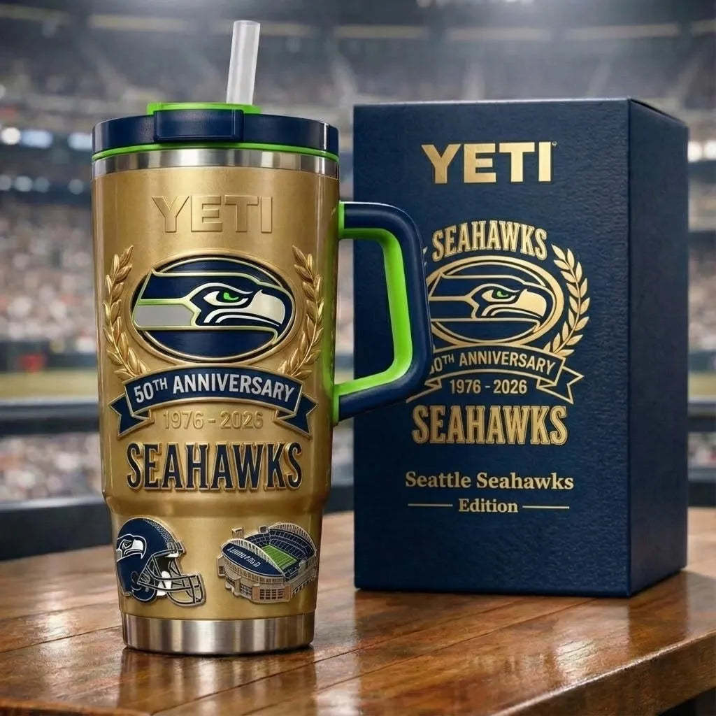 Limited Edition: Seattle Seahawks 50th Anniversary Gold Yeti Tumbler (1976-2026)