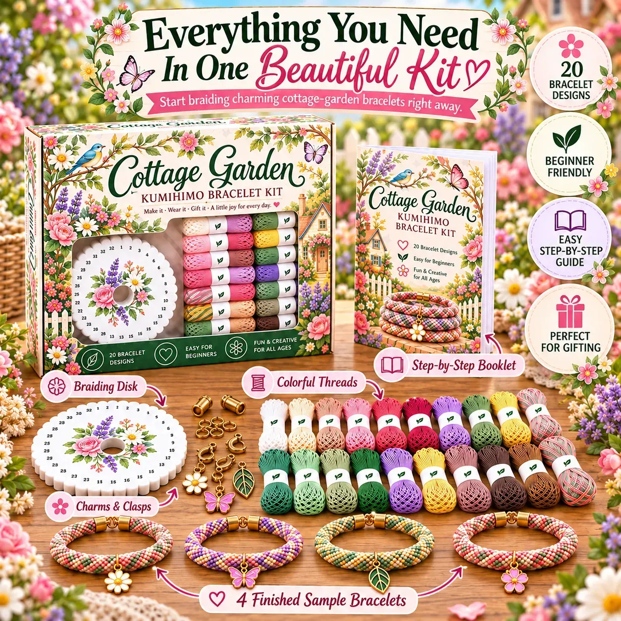 🌸Cottage Garden Kumihimo Bracelet Making Kit – DIY Braided Friendship Bracelets & Creative Gift Set ✨Beginners Friendily