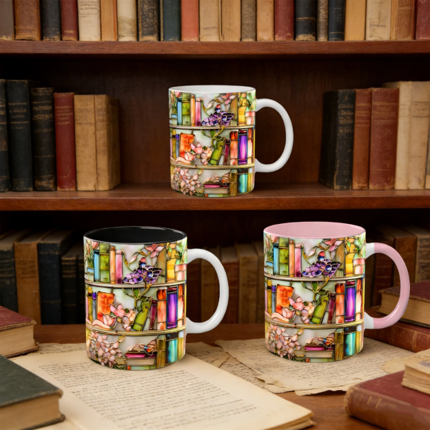 Stained Glass Look Floral Bookshelf Ceramic Mug | WSMug02