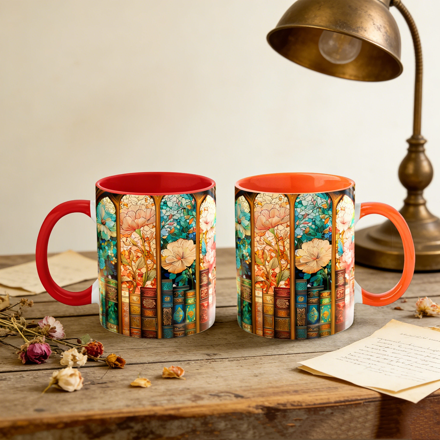 Stained Glass Look Bookshelf Floral Ceramic Mug | WSMug06
