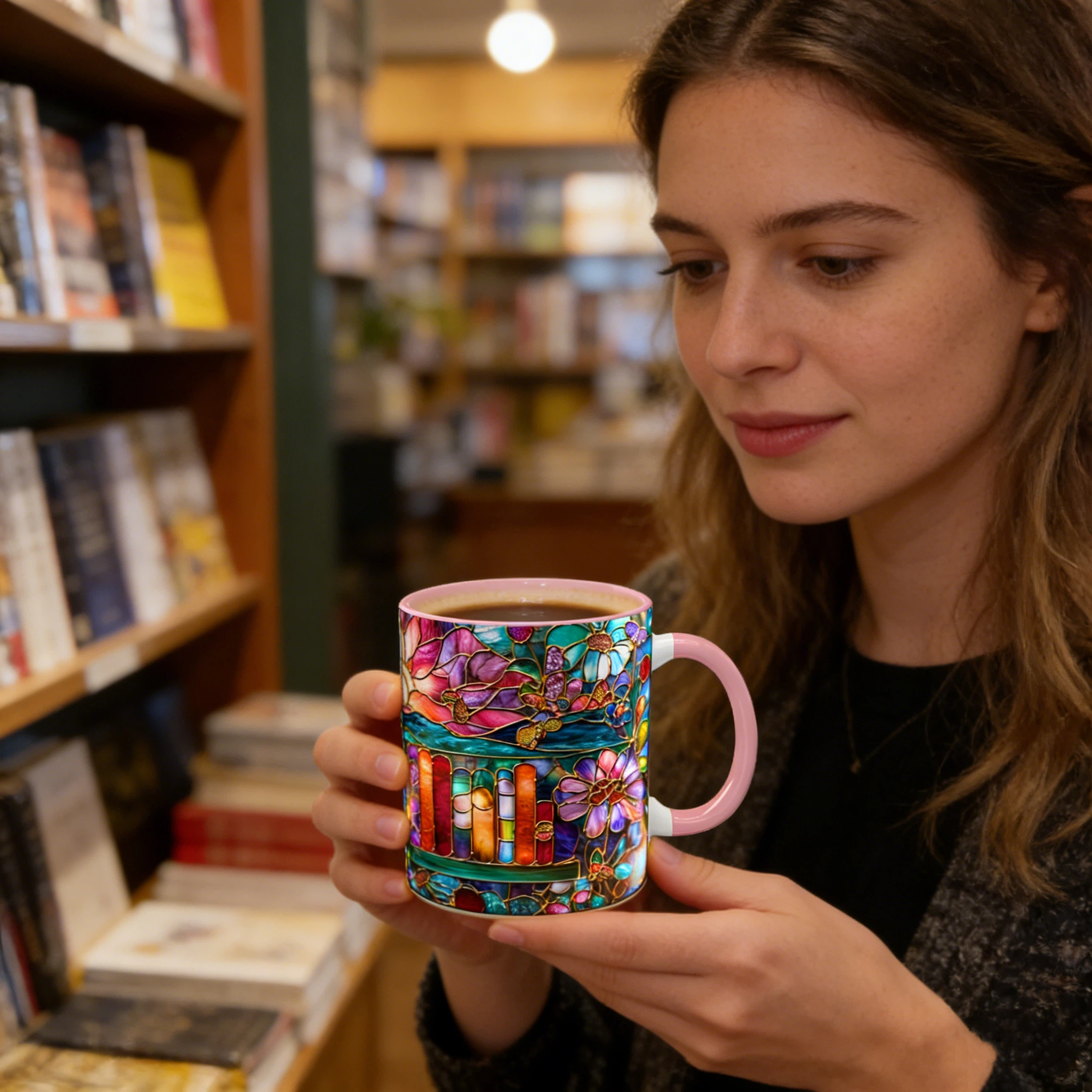 Stained Glass Look Bookshelf Floral Ceramic Mug | WSMug05