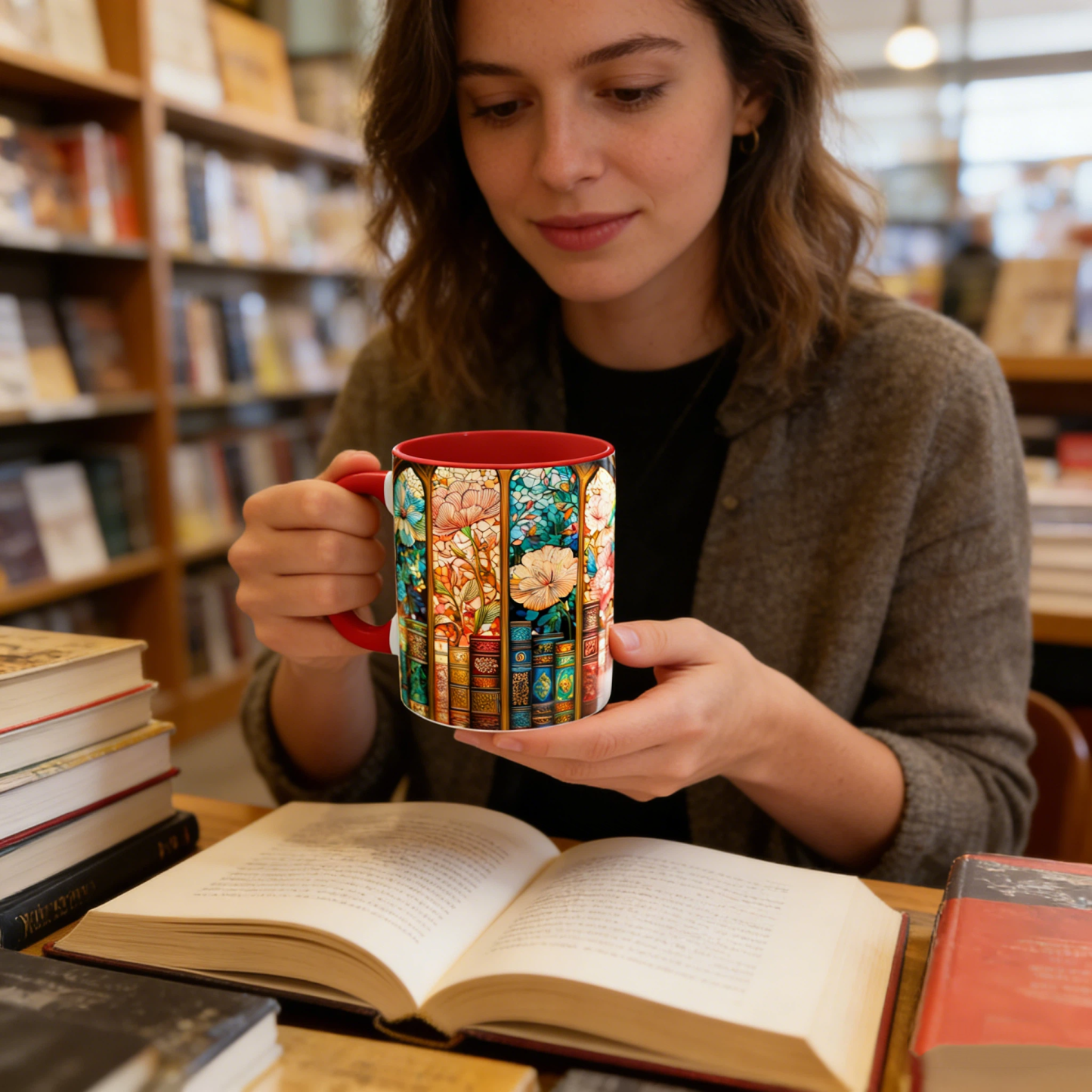 Stained Glass Look Bookshelf Floral Ceramic Mug | WSMug06