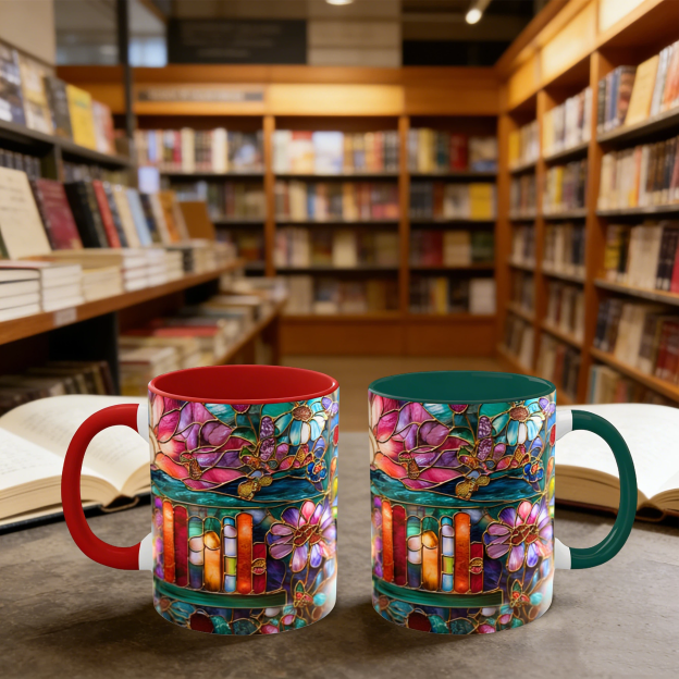 Stained Glass Look Bookshelf Floral Ceramic Mug | WSMug05