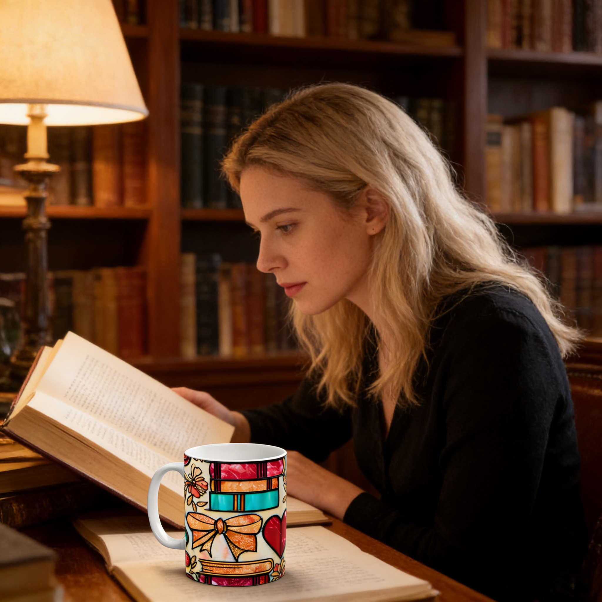 Imitation Stained Glass Bookshelf Heart-Shaped Mug | WSMug42