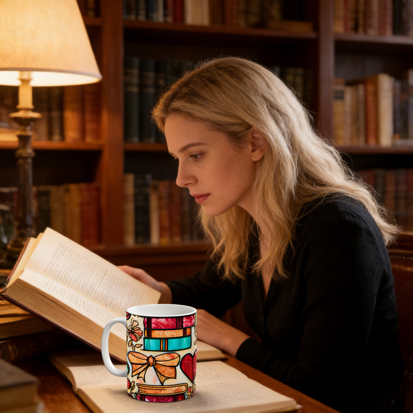 Imitation Stained Glass Bookshelf Heart-Shaped Mug | WSMug42