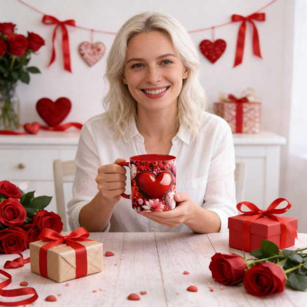 Imitation Stained Glass Bright Red Rose Heart-Shaped Mug | WSMug39