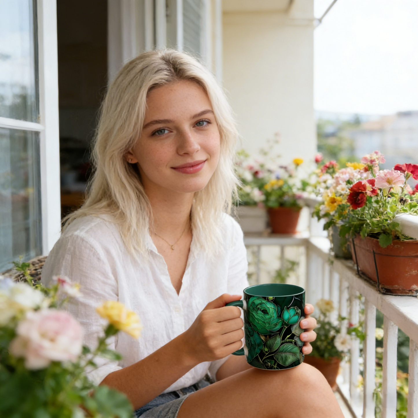 Dark Green Floral Ceramic Mug | WSMug44