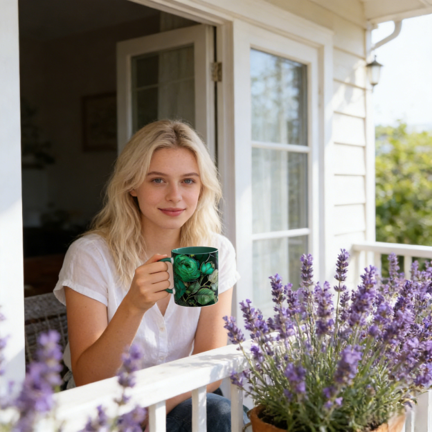 Dark Green Floral Ceramic Mug | WSMug44