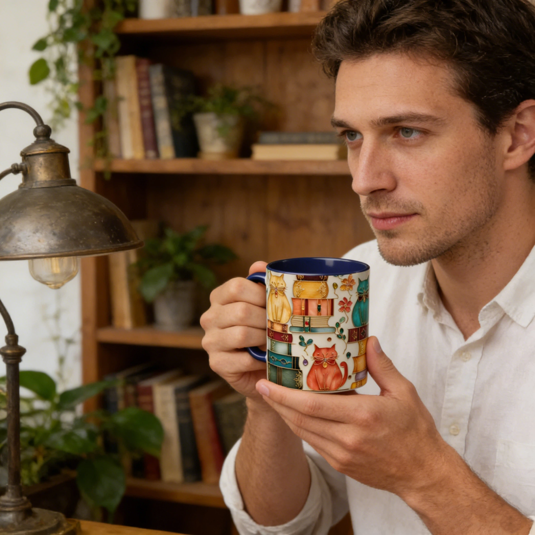 Stained Glass Look Bookish Cat Ceramic Mug | WSMug01