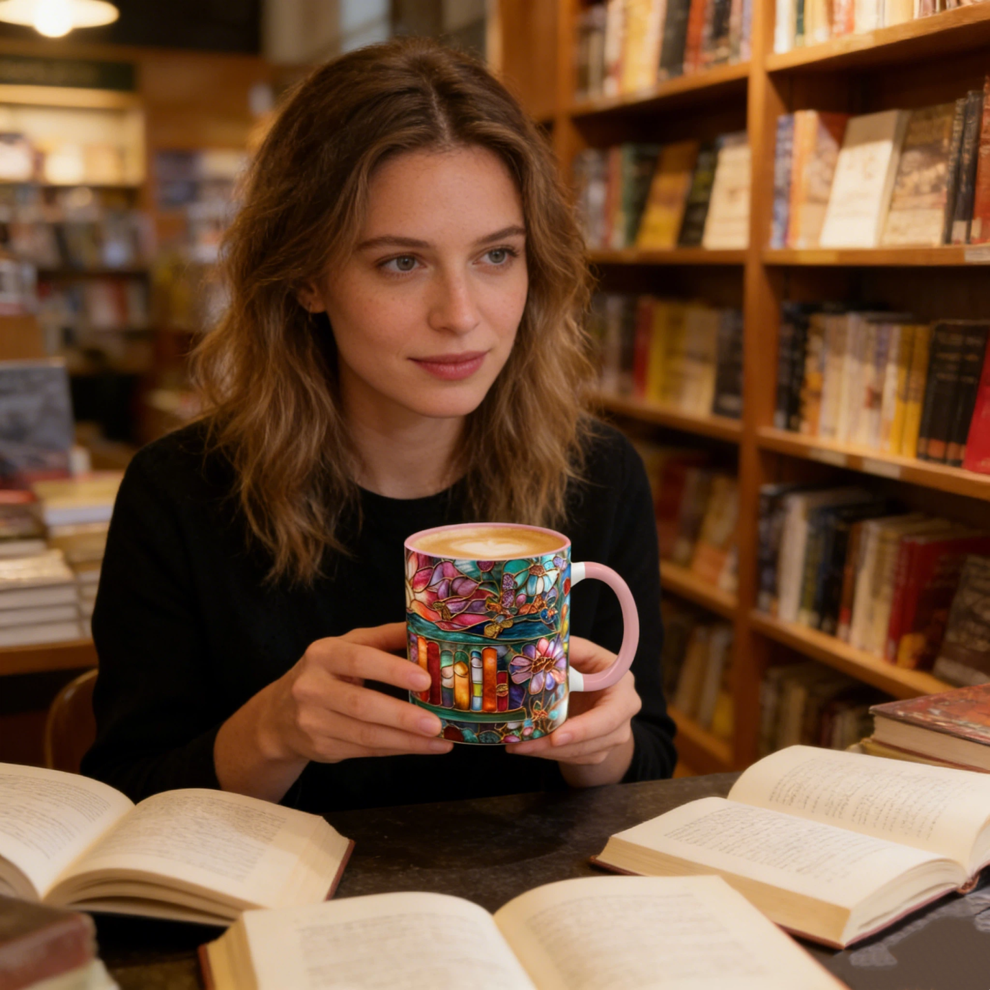 Stained Glass Look Bookshelf Floral Ceramic Mug | WSMug05