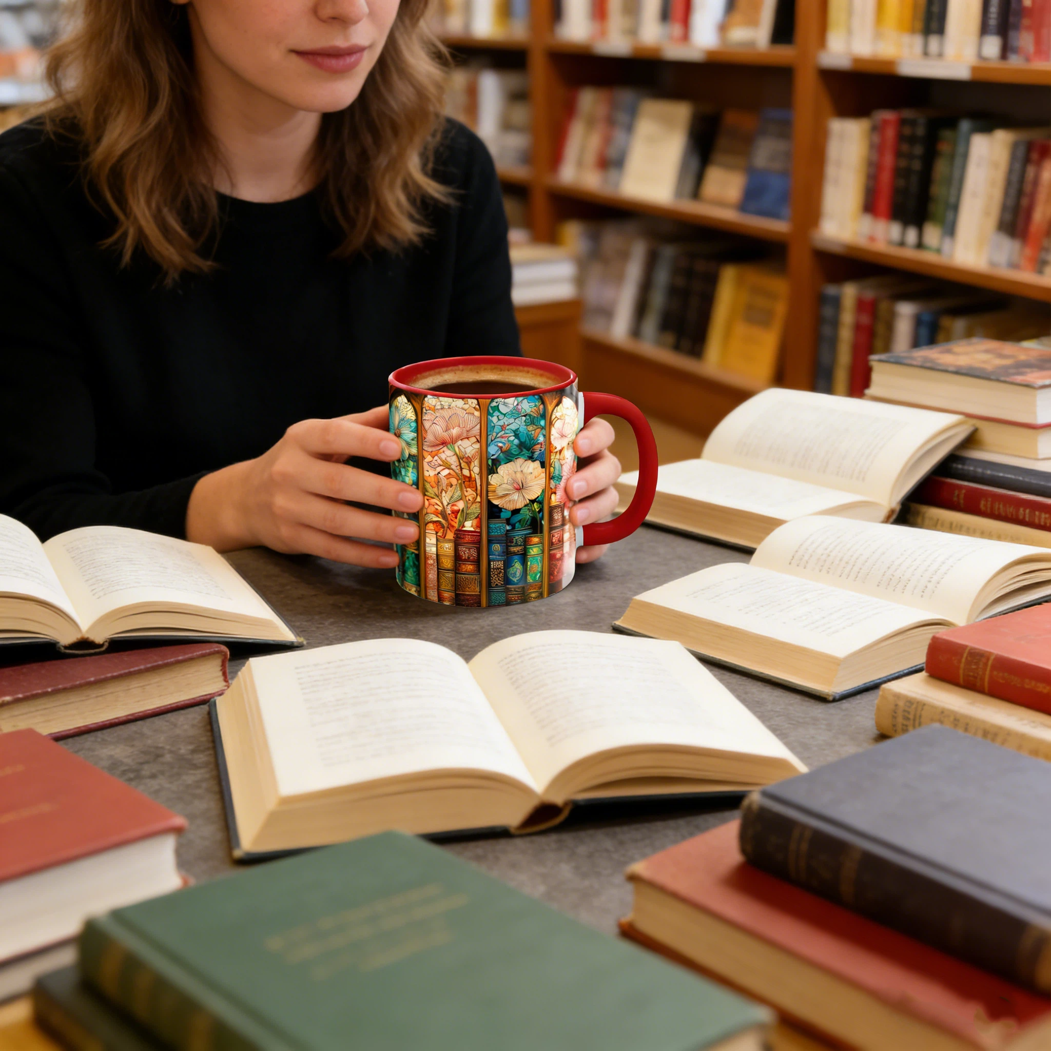 Stained Glass Look Bookshelf Floral Ceramic Mug | WSMug06