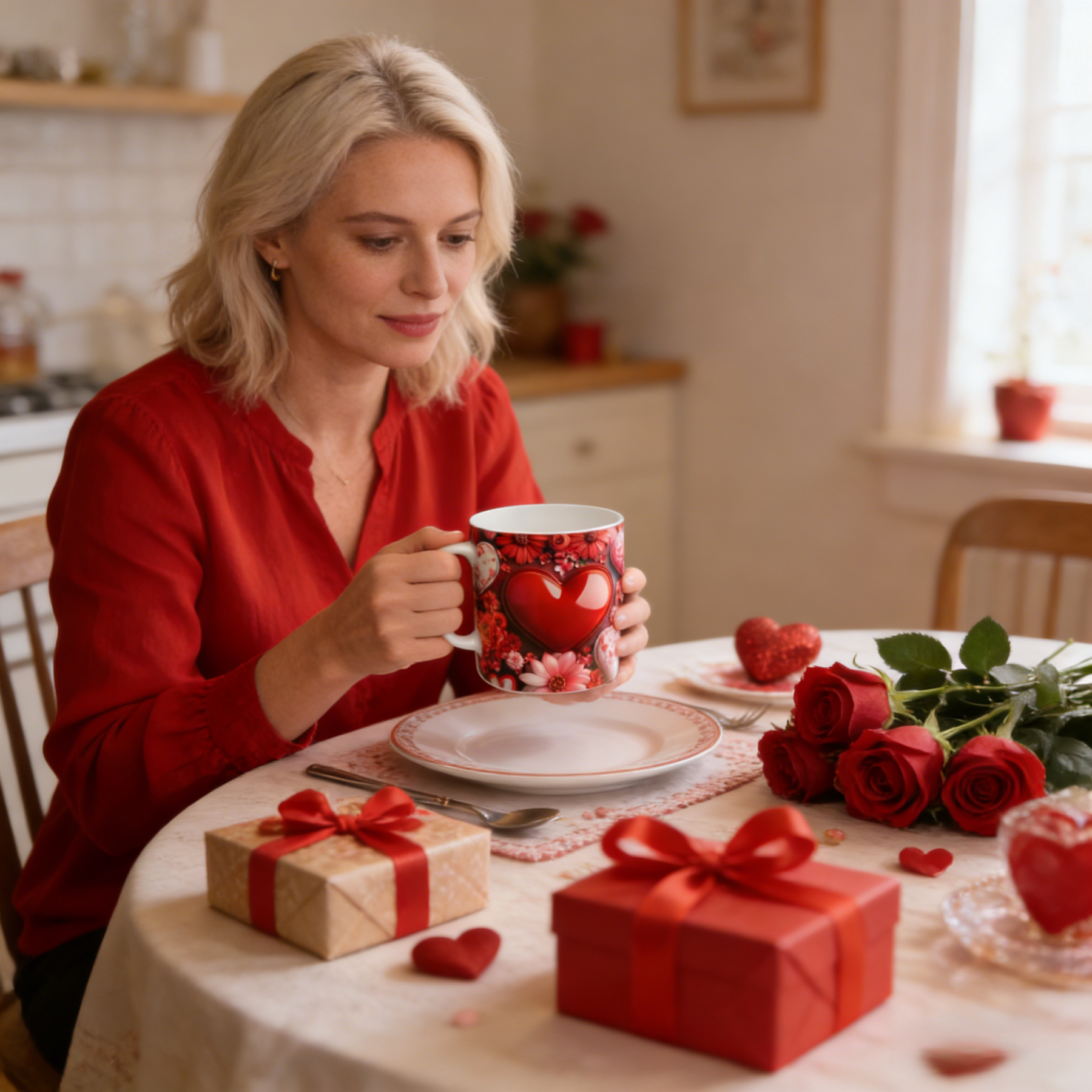 Imitation Stained Glass Bright Red Rose Heart-Shaped Mug | WSMug39
