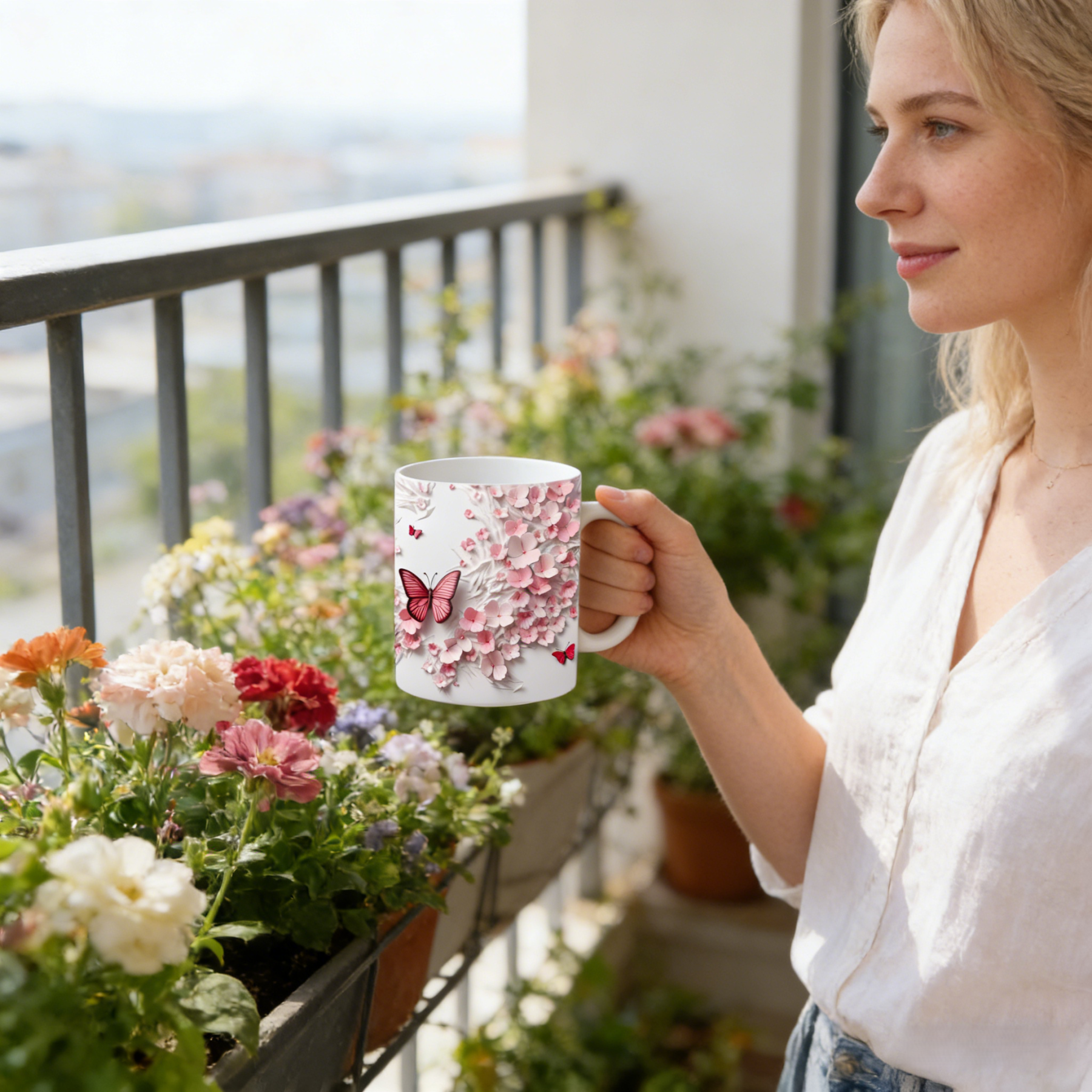 Butterfly And Pink Flower Ceramic Mug | WSMug45