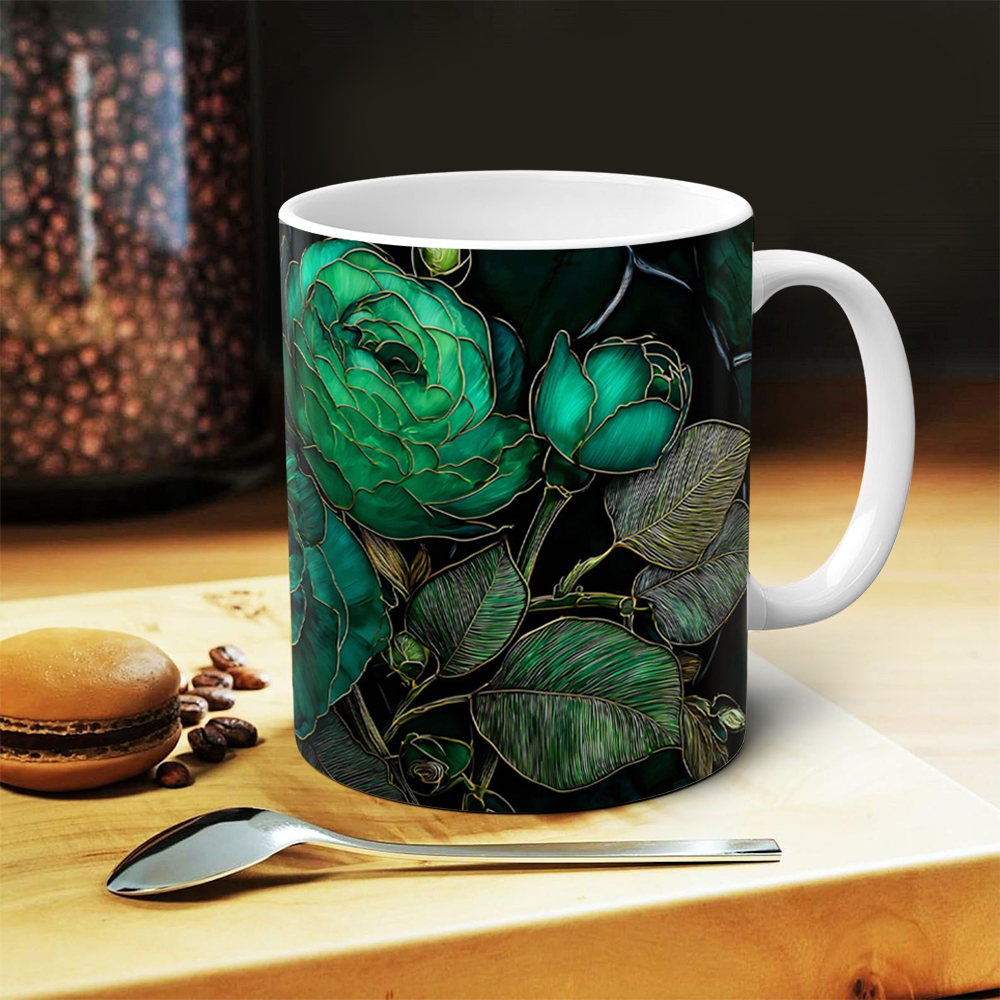 Dark Green Floral Ceramic Mug | WSMug44