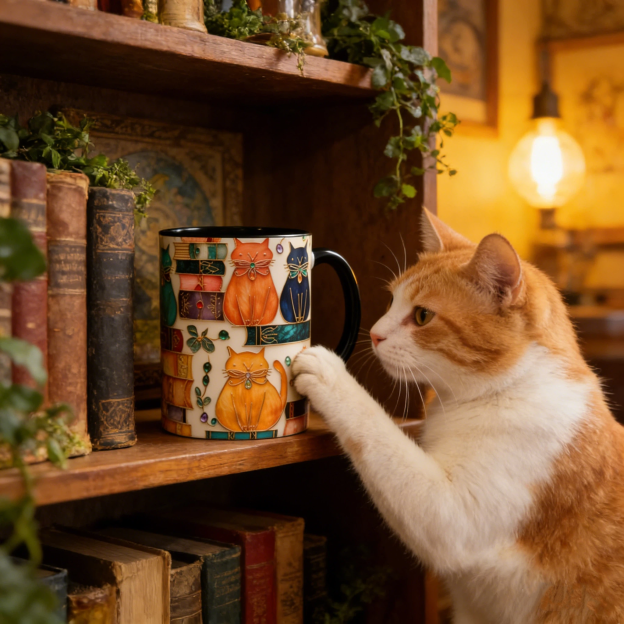 Stained Glass Look Bookish Cat Ceramic Mug | WSMug01