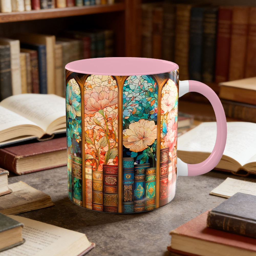Stained Glass Look Bookshelf Floral Ceramic Mug | WSMug06
