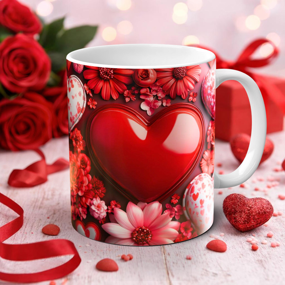 Imitation Stained Glass Bright Red Rose Heart-Shaped Mug | WSMug39