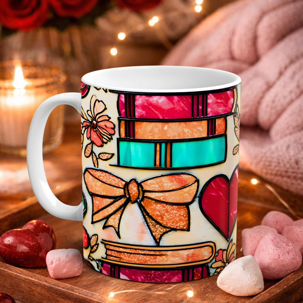 Imitation Stained Glass Bookshelf Heart-Shaped Mug | WSMug42