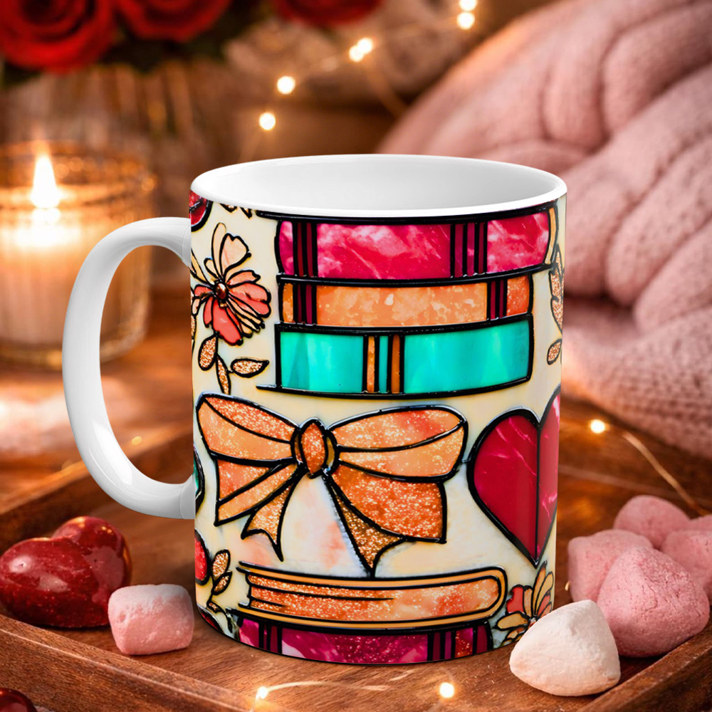 Imitation Stained Glass Bookshelf Heart-Shaped Mug | WSMug42