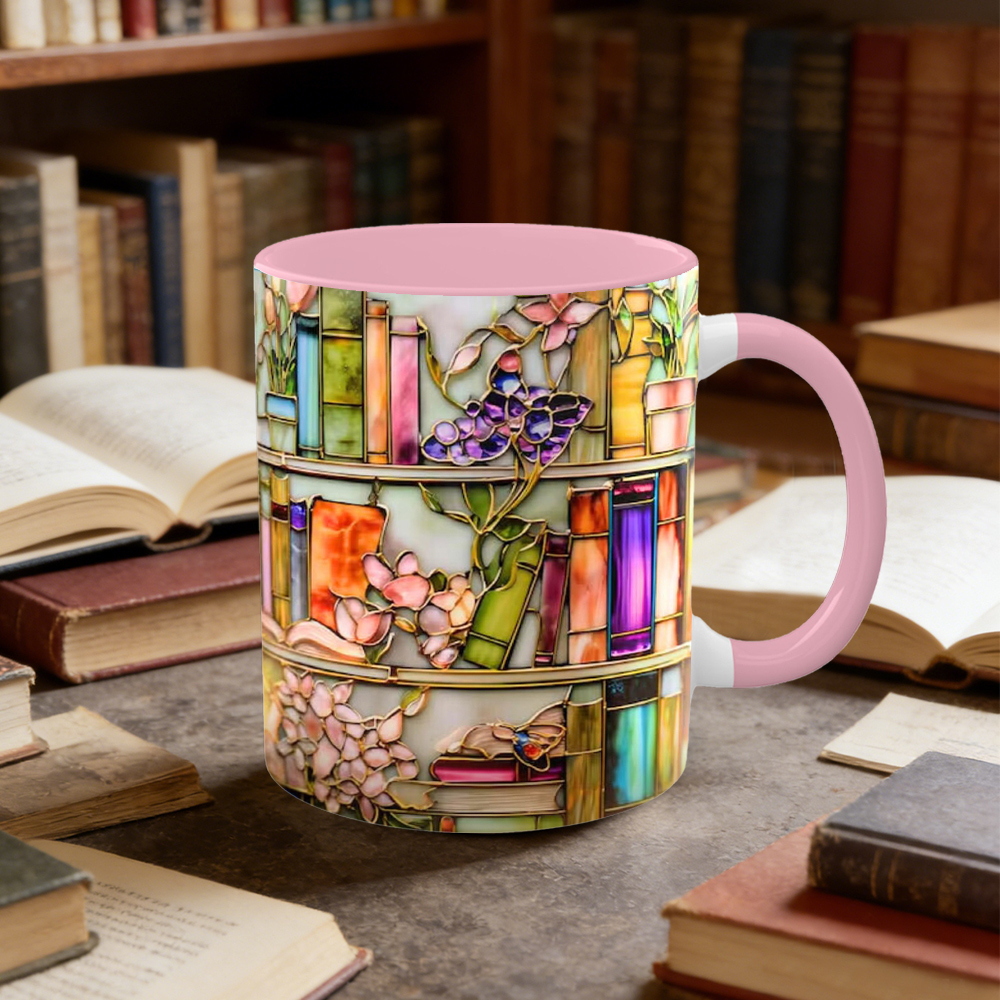 Stained Glass Look Floral Bookshelf Ceramic Mug | WSMug02