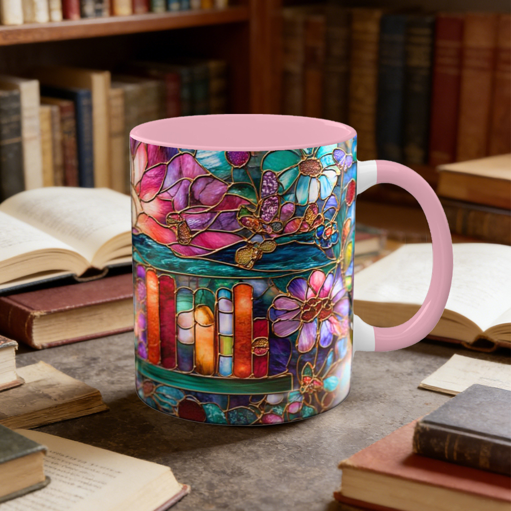 Stained Glass Look Bookshelf Floral Ceramic Mug | WSMug05