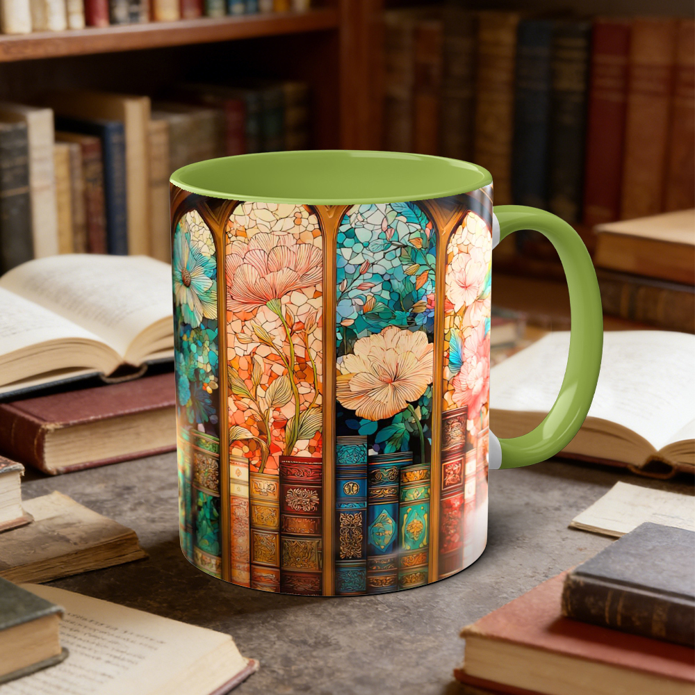 Stained Glass Look Bookshelf Floral Ceramic Mug | WSMug06
