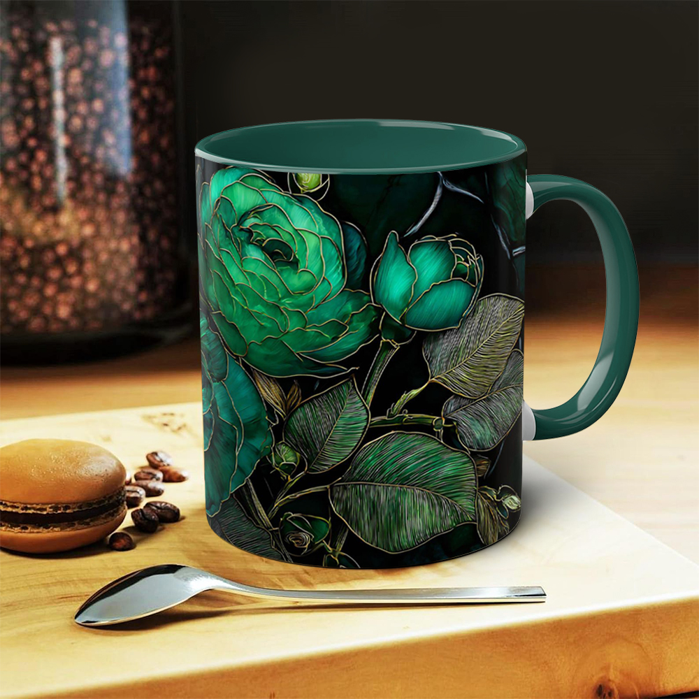 Dark Green Floral Ceramic Mug | WSMug44