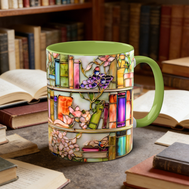 Stained Glass Look Floral Bookshelf Ceramic Mug | WSMug02